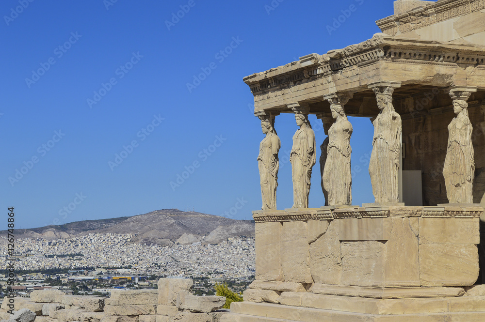 Temple of Athena and blue sky on the hill of the Acropolis of Athens in Greece
