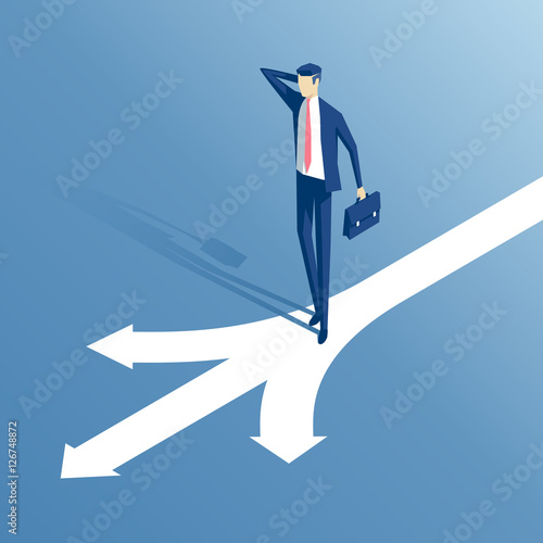confused businessman standing at a crossroads isometric illustration,  businessman standing in front of arrows as symbol for choice, career path or opportunities, business concept decision