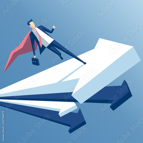 super businessman is running on a rising arrow, an employee superhero rises on the arrow, business concept growth and skill