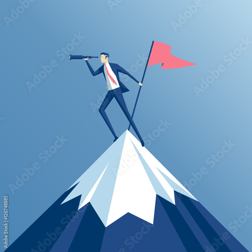 businessman climbed to the top of the mountain with a flag and looking into the spyglass, employee is on a mountain top and holding a flag, business concept of success and search opportunities