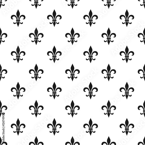 Golden fleur-de-lis seamless pattern. Vector illustration. Black white template. Floral texture. Elegant decoration, royal lily retro background. Design vintage for card, wallpaper, wrapping, textile.