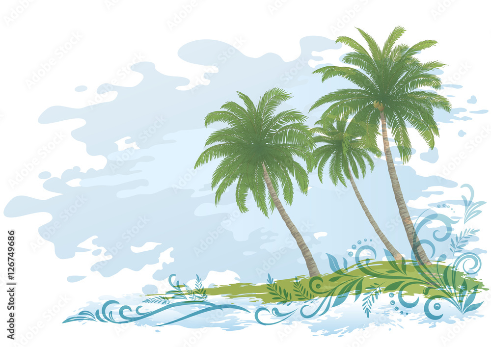 Exotic Landscape, Green Tropical Palms Trees and Floral Pattern on Blue and White Background. Eps10, Contains Transparencies. Vector
