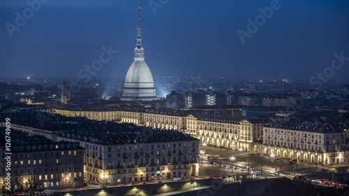 Time Lapse in Piazza Vittorio Veneto with background the Mole Antonelliana with sunset in Turin