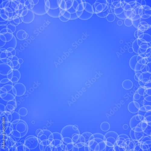 White soap or air circle bubble frame. Abstract blue water background template. Nature bright underwater design for wallpaper, decoration, backdrop, card, holiday invitation. Vector illustration