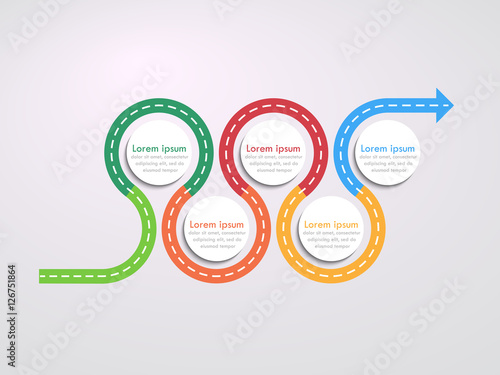 Road way location infographic template with a phased structure. Winding road timeline. Stylish Serpentine in the form of arrows. Vector EPS 10