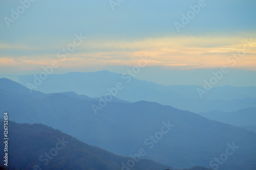 Sunset over the smoke covered Blue Ridge Parkway