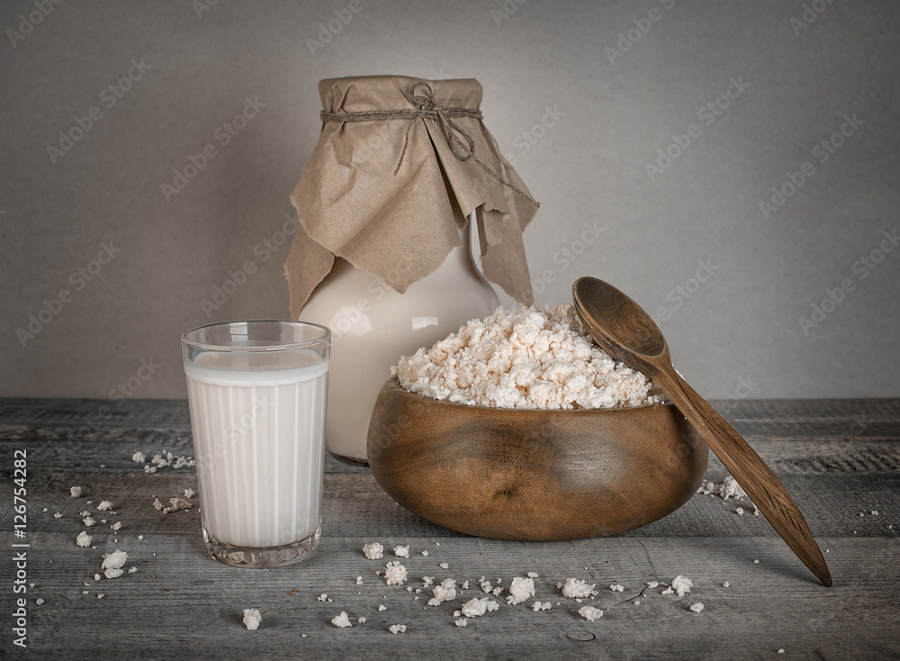 glass of milk, cottage cheese fresh homemade bread withdairy pro
