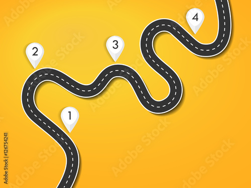 Road way location infographic template. Winding road on a colorful background. Road for the journey. Infographics for the journey. Stylish streamers. Vector EPS 10