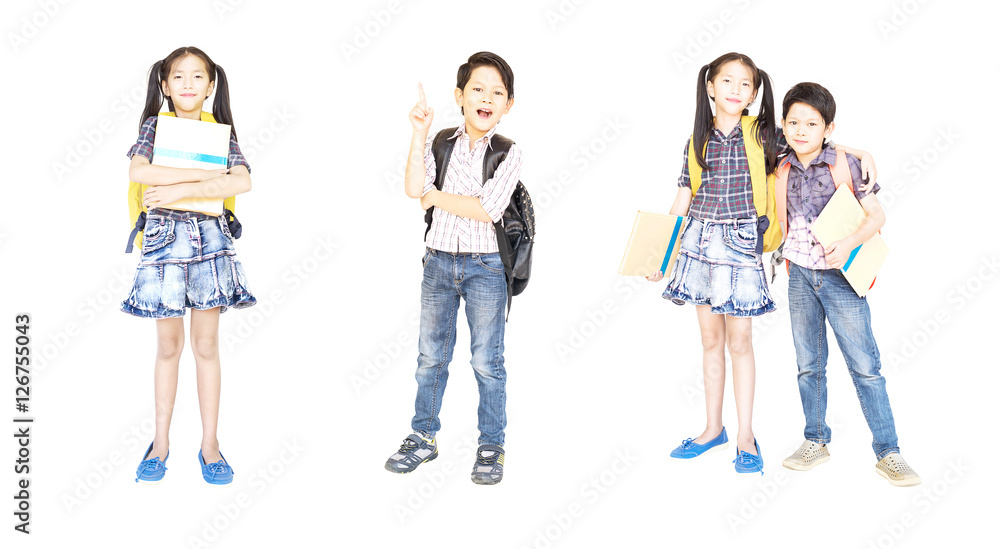 Obraz premium Collage photo of 10 and 7 years old Asian school girl and boy standing and holding book isolated over white