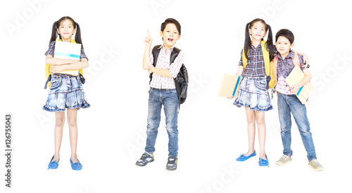 Collage photo of 10 and 7 years old Asian school girl and boy standing and holding book isolated over white