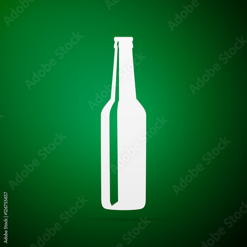 Beer bottle flat icon on green background. Vector Illustration