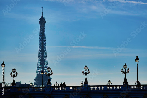 Scenic cityscape of Paris with silhouettes of people and Eiffel tower