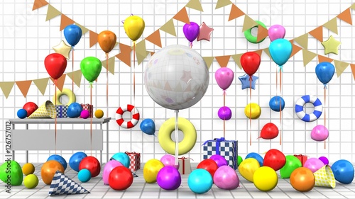 Bright colorful party with balloons, streamers, party favor gift bags and gifts. 3d rendering