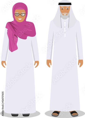 Family and social concept. Muslim arab old man and woman standing together in traditional islamic clothes in flat style on white background. Vector illustration.