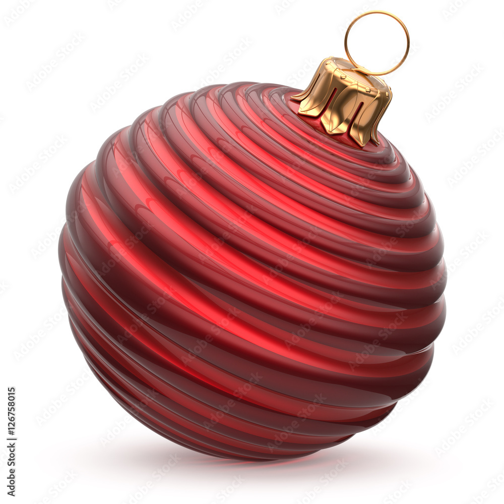 Christmas ball red New Year's Eve decoration striped bauble wintertime hanging adornment waved stylish souvenir. Traditional ornament happy winter holidays Merry Xmas symbol closeup. 3d illustration Christmas ball red New Year's Eve decoration striped bauble wintertime hanging adornment waved stylish souvenir. Traditional ornament happy winter holidays Merry Xmas symbol closeup. 3d illustration