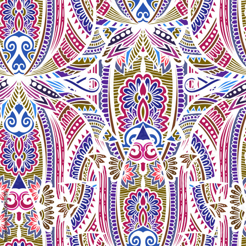 Oriental colorful ornament with doodle zentangle contours. Seamless vector ornate background. Beautiful pattern of mandalas. Template for textile adn other design.