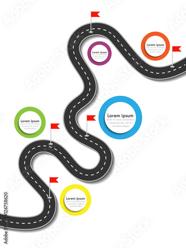 Road trip and Journey route. Business and Journey Infographic Design Template with flags and place for your data. Winding road on a colorful background. Stylish streamers. Vector EPS 10