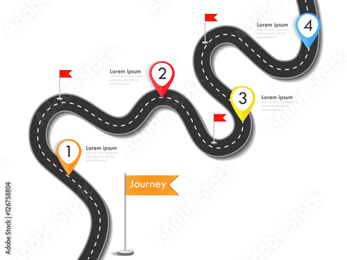 Road trip and Journey route. Business and Journey Infographic Design Template with flags and place for your data. Winding road on a colorful background. Stylish streamers. Vector EPS 10