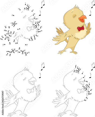 Cartoon nightingale. Coloring book and dot to dot game for kids