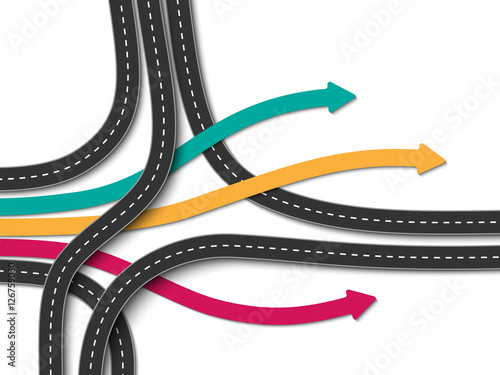 Road trip and Journey route. Business and Journey Infographic. Stylish Serpentine in the form of arrows. Winding roads on a colorful background. Vector EPS 10