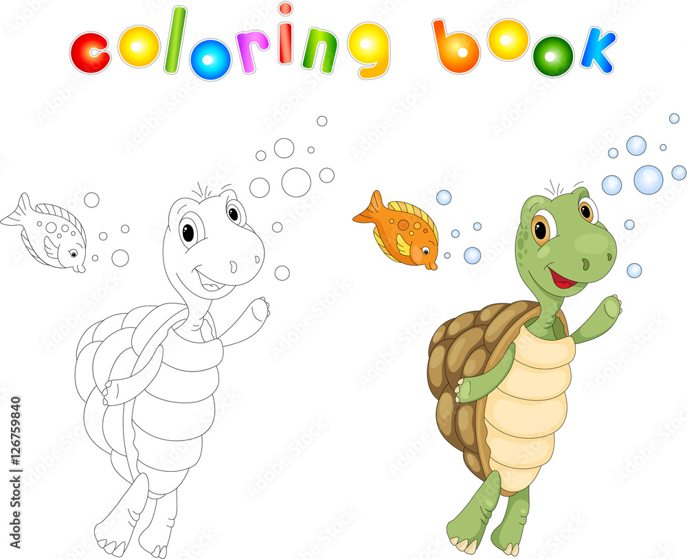Obraz premium Funny cartoon turtle and fish in the sea