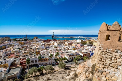 View of Almeria (Almería) old town and port from the castle (Alcazaba of Almeria), Spain 