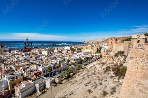 View of Almeria (Almería) old town and port from the castle (Alcazaba of Almeria), Spain 