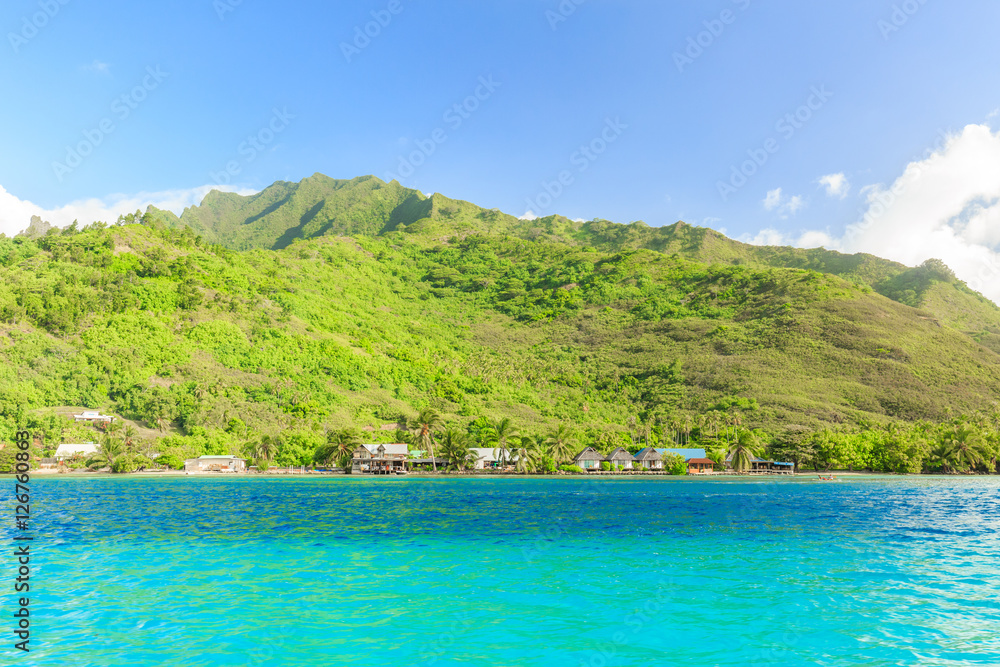 Beautiful sea with mountain and resort background in Moorae Isla