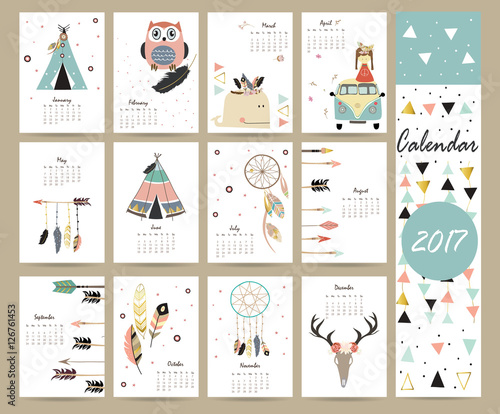 Colorful cute monthly calendar 2017 with tent,whale,feather,arro
