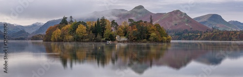 Derwentwater Island with Keswick mountains in background on an Autumn morning.