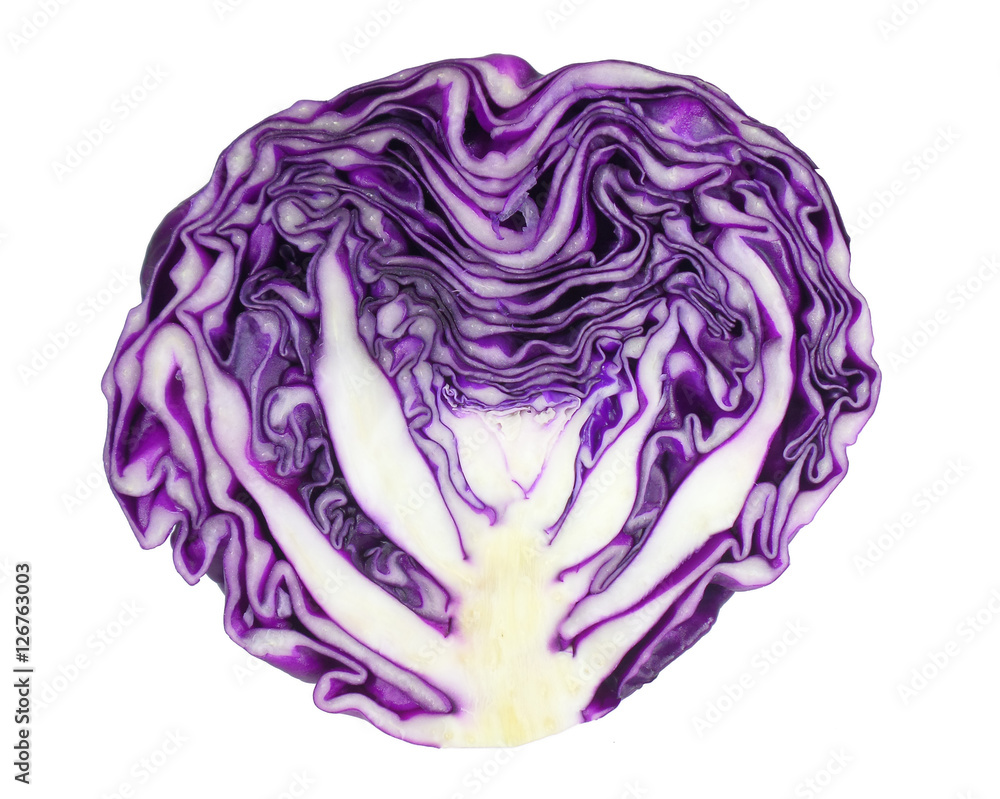 Fresh purple cabbage cut in half isolated on white background, close-up for texture and pattern of vegetable Fresh purple cabbage cut in half isolated on white background, close-up for texture and pattern of vegetable