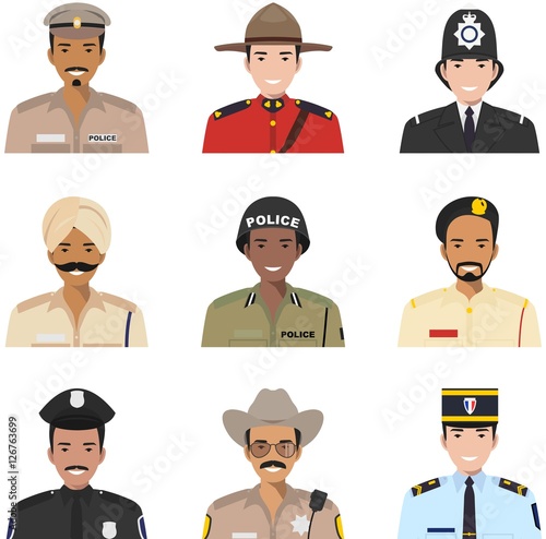 Police people concept. Different policeman characters avatars icons set in flat style isolated on white background. Vector illustration.