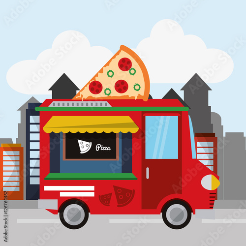 Pizza food truck icon. Urban american culture menu and consume theme. Colorful design. Vector illustration © Jemastock