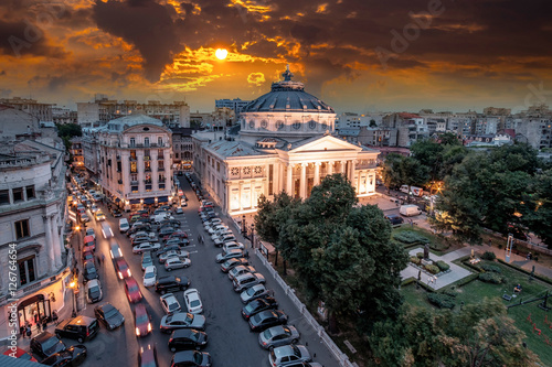 Romanian Athenaeum in Bucharest at dusk. Air view of the building. Romania. Beautifull sunset Ateneu Bucuresti.