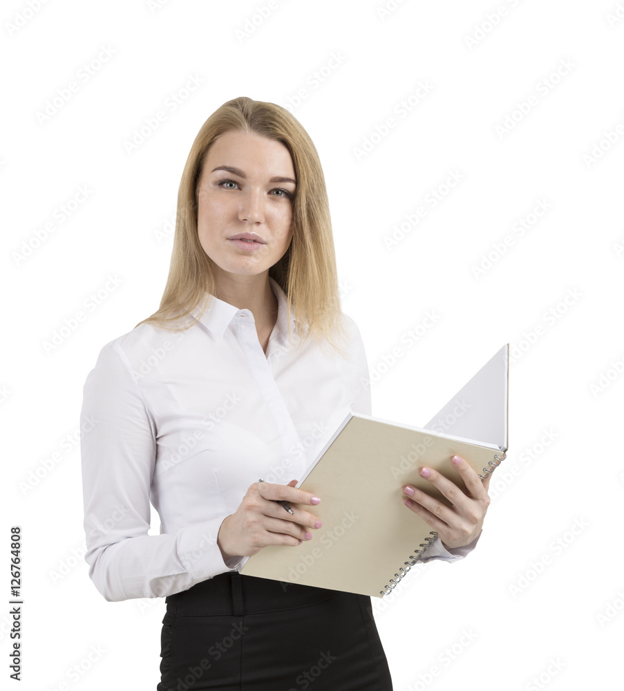 Blond businesswoman holding a large beige book Blond businesswoman holding a large beige book