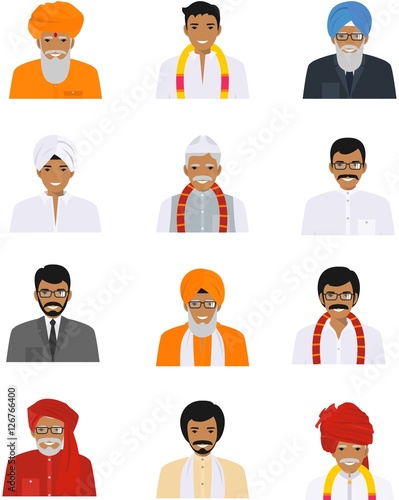 Different indian old and young men characters avatars icons set in flat style isolated on white background. Differences hindu ethnic people smiling faces in traditional clothing. Vector illustration.