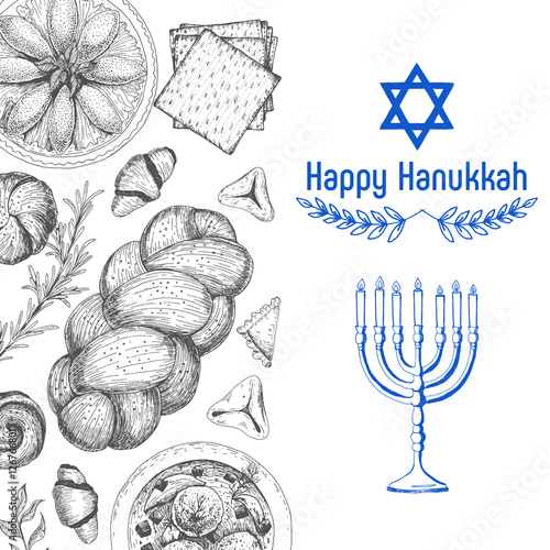 Card for jewish holiday, Hanukkah. Hand drawn sketch Hanukkah. Vector illustration. Linear graphic