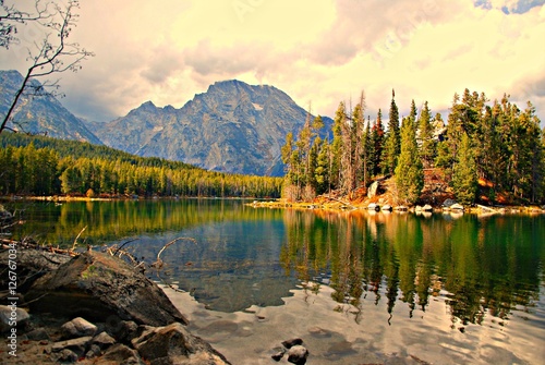 Autumn View of Tetons from shoreline of Lake Leigh with Reflections