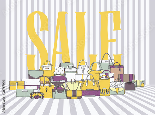 Wallpaper Mural Horizontal illustration with plenty of various bags and large word SALE on stripy white and grey background. Vector stylish illustration with yellow and purple accents. Accessories are hand drawn Torontodigital.ca
