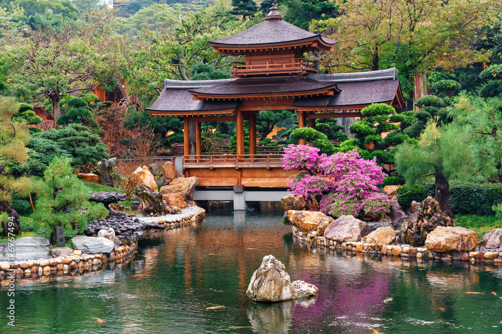 Fototapeta premium Wooden pagoda by the pond with trout in Nan Lian Garden at Diamond Hill in Hong Kong beautiful scenery