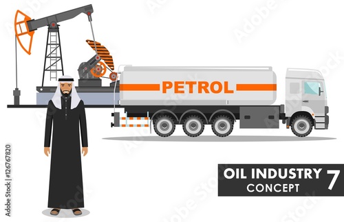 Oil industry concept. Detailed illustration of gasoline truck, oil pump and arab businessman in flat style on white background. Vector illustration.