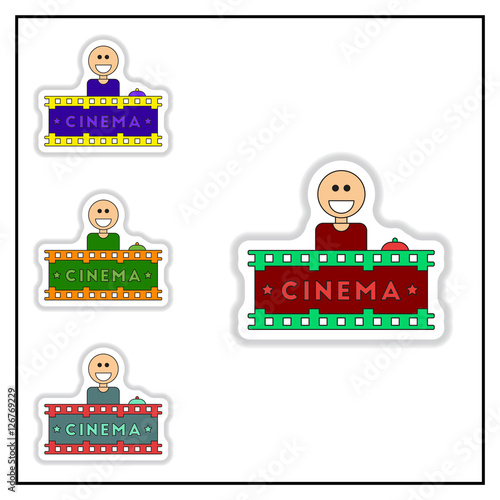 Collection of Vector illustration in paper sticker style Seller sells tickets to cinema