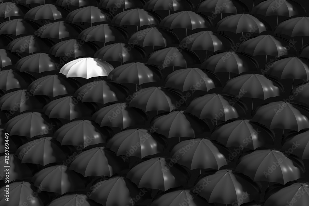 3D Rendering illustartion of white umbrella stand out from the crowd