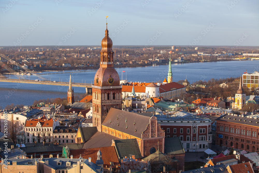 Riga Cathedral and Daugava river, aerial summer day view of old town from St Peter church, Latvia.