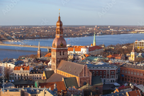 Riga Cathedral and Daugava river, aerial summer day view of old town from St Peter church, Latvia.
