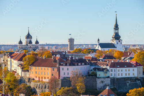 Toompea hill with tower Pikk Hermann and Russian Orthodox Alexander Nevsky Cathedral and Dome Church, view from the tower of St. Olaf church, Tallinn, Estonia