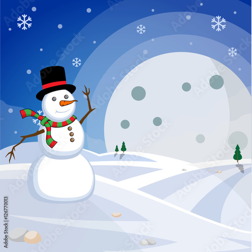 Snowman cartoon winter mountain with moon and tree vector illustration in the snow