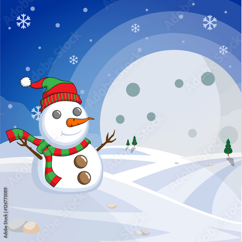 Snowman cartoon winter mountain with moon and tree vector illustration in the snow
