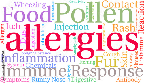 Allergies word cloud on a white background. 