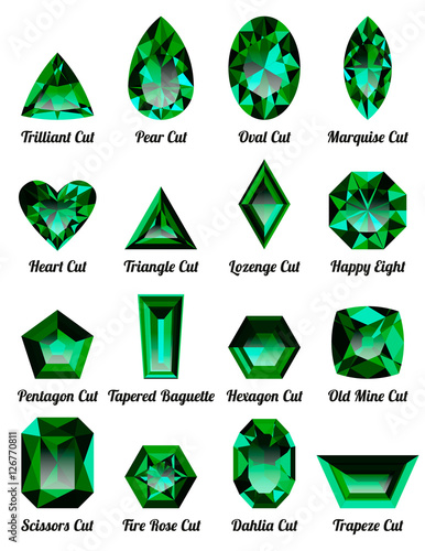 Set of realistic green emeralds with complex cuts isolated on white background. Jewel and jewelry. Colorful gems and gemstones. Trilliant, pear, oval, marquise, heart, triangle, lozenge, happy eight.